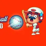 Tegneseriefigur med baseball-kølle og bold på en lys orange baggrund