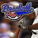 En baseballspiller svinger et bat iført en stribet hvid uniform, med teksten Baseball Pro og en baseball bagved