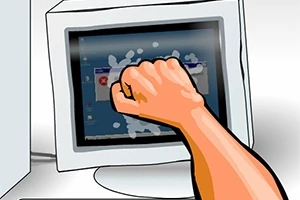 En hånd der slår ind i en computerskærm, hvilket får glasset til at sprække