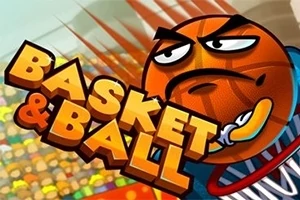 En tegneserie-basketball med ansigt ser vred ud, mens den er i en basketballkurv; teksten Basket & Ball er ovenpå