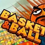 En tegneserie-basketball med ansigt ser vred ud, mens den er i en basketballkurv; teksten Basket & Ball er ovenpå
