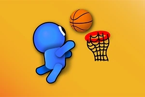 En blå figur kaster en basketball i en kurv på en gul baggrund
