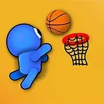 En blå figur kaster en basketball i en kurv på en gul baggrund