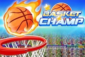 En flammende basketball svæver mod en rød basketkurv med en menneskemængde i baggrunden, og teksten Basket Champ er vist