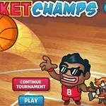 En tegneseriefigur iklædt en rød basketballtrøje med nummer 8 kaster en basketball mod en kurv, mens en anden figur holder en pokal
