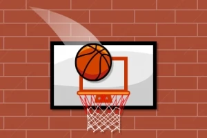 En basketball flyver gennem luften mod en kurv på en murstensvæg