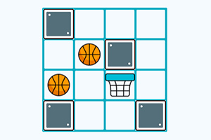 Et rutenet med basketballer, grå felter og en basketballkurv i midten