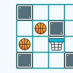 Et rutenet med basketballer, grå felter og en basketballkurv i midten