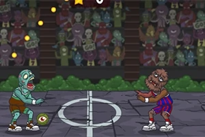 To figurer, en zombie og en varulv, spiller en kamp på en basketballbane med et øje som bold, omgivet af et publikum