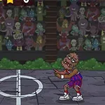 To figurer, en zombie og en varulv, spiller en kamp på en basketballbane med et øje som bold, omgivet af et publikum