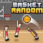 Pixelgrafik med to hold af figurer, der spiller basketball på en indendørs bane, med ordet BASKET RANDOM ovenfor