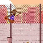 En pixelkunst-scene med en basketballspiller, der iført en lilla trøje laver en slam dunk på en udendørs bane foran et hegn og bybaggrund