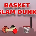 Tegneseriefigur dunker en basketball i en kurv på en rød baggrund