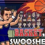 To basketballspillere i tegneseriestil, hvor den ene skyder en bold med flammer foran en tilskuerfyldt tribune med teksten Basket Swooshes i forgrunden