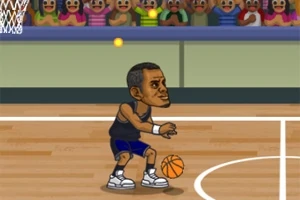 En animeret basketballspiller dribbler bolden på en basketballbane foran et publikum