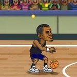 En animeret basketballspiller dribbler bolden på en basketballbane foran et publikum