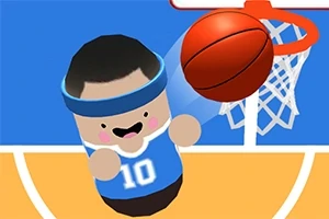 En tegneseriefigur med blåt pandebånd og trøje nummer 10 laver et basketballkast mod kurven