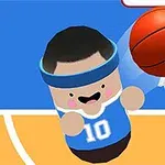 En tegneseriefigur med blåt pandebånd og trøje nummer 10 laver et basketballkast mod kurven