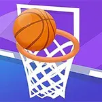 En basketball er på vej ned gennem en kurv mod en lilla baggrund