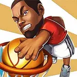 En tegneserieagtig figur iført en rød trøje og hvide shorts dunker en basketball gennem en kurv med dynamiske stråler i baggrunden
