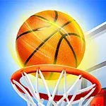 En basketball flyver gennem luften mod en kurv med en klar blå himmel i baggrunden