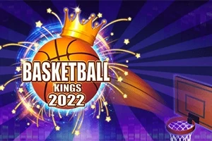 En basketball med en krone ovenpå omgivet af lysglimt med teksten Basketball Kings 2022 og en basketballkurv til højre
