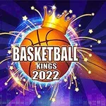 En basketball med en krone ovenpå omgivet af lysglimt med teksten Basketball Kings 2022 og en basketballkurv til højre