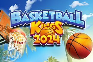 Basketballnet med bold, blå himmel, palmetræer og den farverige tekst Basketball Kings 2024