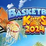 Basketballnet med bold, blå himmel, palmetræer og den farverige tekst Basketball Kings 2024