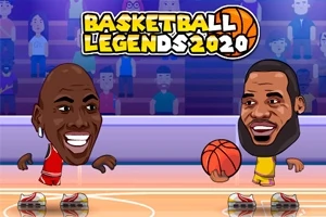 To an personer med store hoveder spiller basketball på en bane med tilskuere og teksten Basketball Legends 2020 i baggrunden