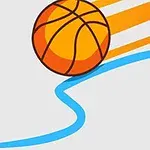 En tegnet blyant, en basketball med orange hastighedslinjer, og en blå bølget streg i en simpel, illustrativ stil