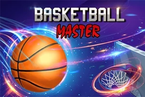 En basketball med lysende, farverige hvirvler nær en basketballkurv på en blå baggrund