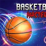 En basketball med lysende, farverige hvirvler nær en basketballkurv på en blå baggrund