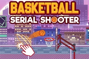 En tegneserie-stil basketballbane med en animeret hånd, der kaster en basketball mod en kurv, med farverige bybygninger i baggrunden