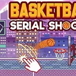 En tegneserie-stil basketballbane med en animeret hånd, der kaster en basketball mod en kurv, med farverige bybygninger i baggrunden