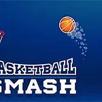 En basketball er på vej mod en kurv med teksten Basketball Smash nedenfor på en blå baggrund