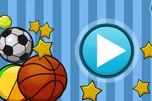 Forskellige sportsbolde og stjerner med en blå play-knap på en stribet baggrund