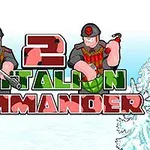 To soldater i uniform står på hver side af teksten Battalion Commander 2 med sneklædte træer i baggrunden