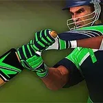En mand iført grøn og blå sportsuniform svinger et cricketbat mod en bold
