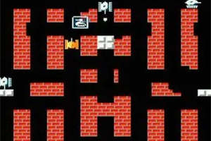 Skærmbillede af et pixel-art-spil med røde murstensmure og sorte labyrintpassager