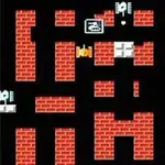 Skærmbillede af et pixel-art-spil med røde murstensmure og sorte labyrintpassager