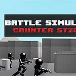 Tegneserie-agtige figurer i sort og rød med våben bevæger sig mod hinanden foran strukturer med teksten Battle Simulator: Counter Stickman ovenfor