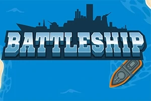 Ord Battleship i store bogstaver med en krigsskibssilhuet og en lille bådillustration i hjørnet på en blå baggrund