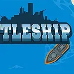 Ord Battleship i store bogstaver med en krigsskibssilhuet og en lille bådillustration i hjørnet på en blå baggrund
