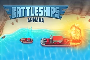 To skibe i havet, hvor det ene skib bliver ramt af en eksplosion, med teksten Battleships Armada ovenfor