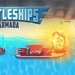To skibe i havet, hvor det ene skib bliver ramt af en eksplosion, med teksten Battleships Armada ovenfor