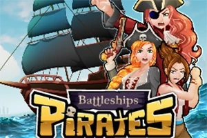 Tre pirater i farverigt tøj poserer foran et stort sejlskib på havet, med teksten Pirates fremhævet i forgrunden