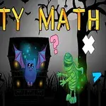 Flagermus med lysende øjne foran et mørkt hus omgivet af mumier og matematiske symboler i en uhyggelig skovscene