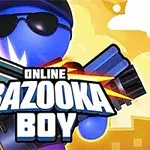 Blå animeret figur med solbriller og kasket holder en bazooka foran en bysilhuet med teksten Online Bazooka Boy