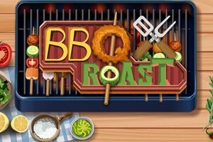 Grill med grøntsager og kødspyd arrangeret som bogstaver der staver BBQ Roast på en grillrist, omgivet af skiver af citron, vegetabilsk olie og krydderier